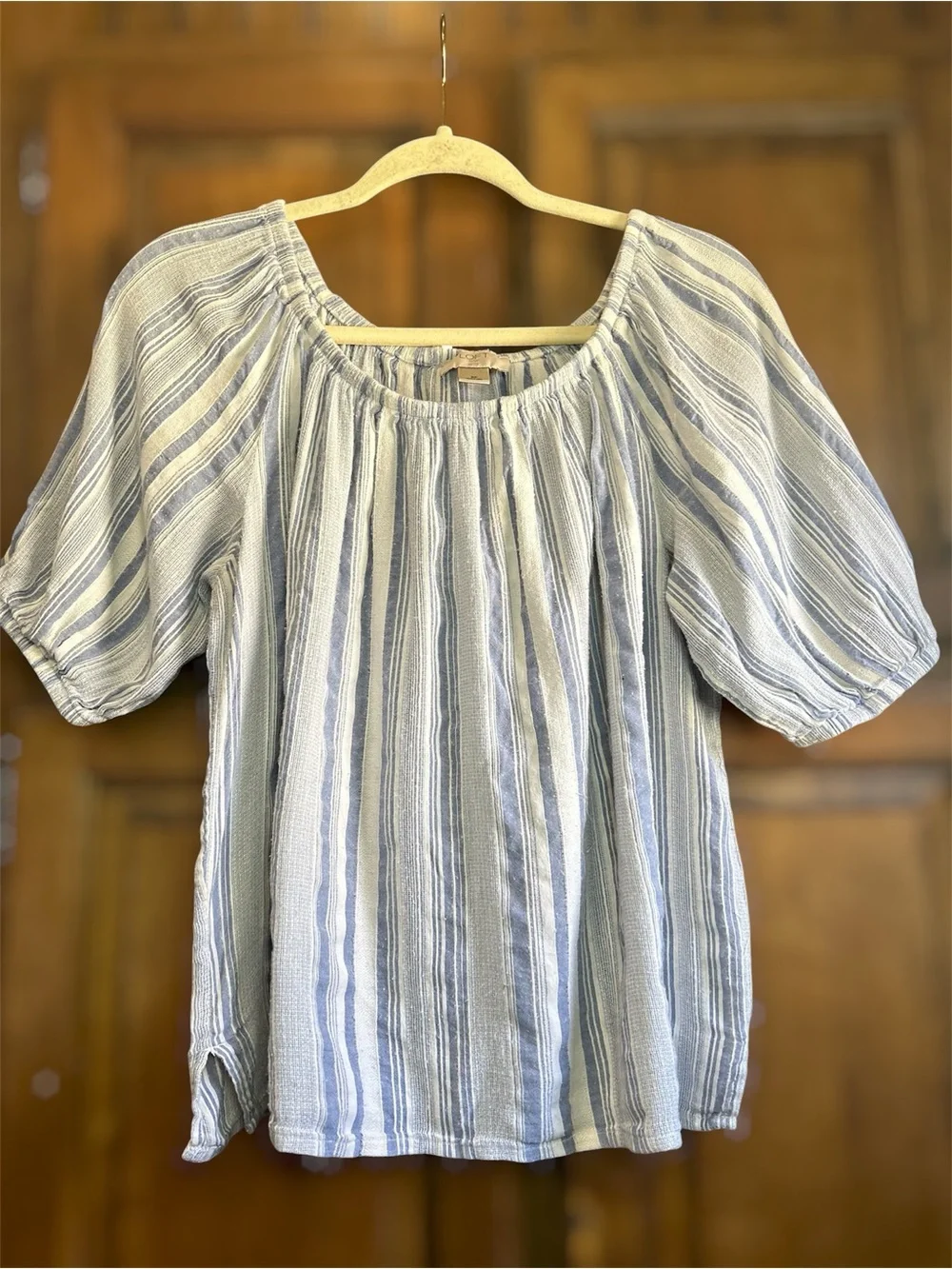 LOFT Petite Blue Stripe Off Shoulder Peasant Blouse Puff Sleeve SP